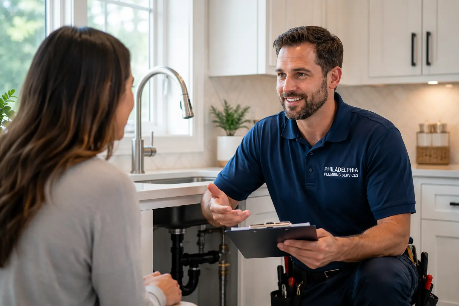 Licensed Philadelphia plumber discussing plumbing repairs with a homeowner in a modern kitchen
